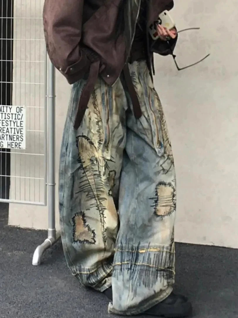 American Street Destruction Style Embroidered Denim Pants Oversized Retro Wash Personality Fashion Loose Casual Wide Leg Jeans