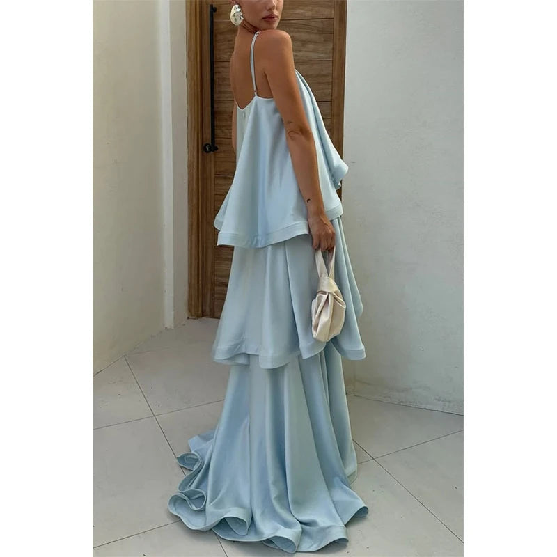Chic Multicolored Pleated Women Maxi Dress Elegant Spaghetti Strap Ruffle Tiered Flowy Vestidos 2026 Summer Lady Vacation Outfit