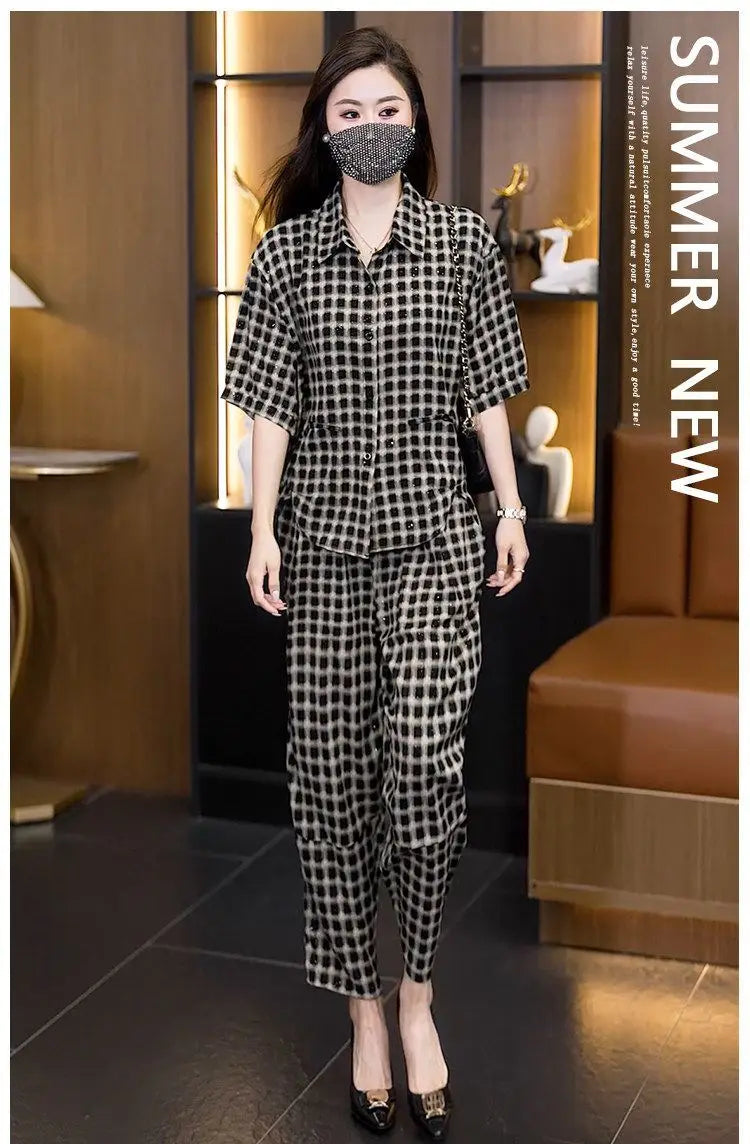 plus Size Casual Plaid Short Sleeve Women's Set Summer New Fashion Loose Shirt Two Piece Set High Waist Long Pants