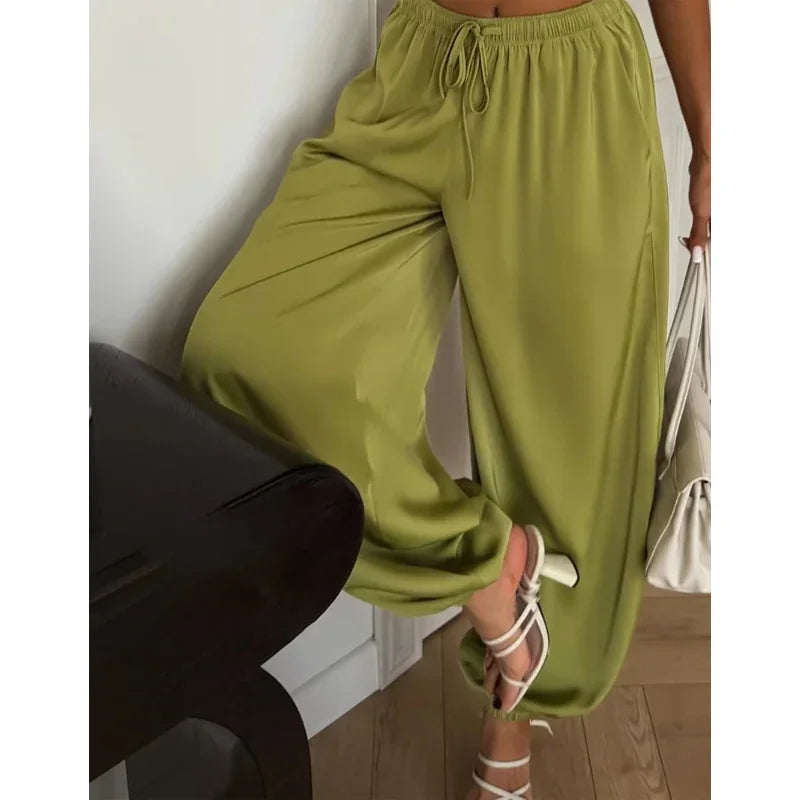 Solid Drapey Satin Loose Harem Pants Women Casual Elastic Waist Drawstring Design Long Pant 2026 Lady Commute Versatile Wear New