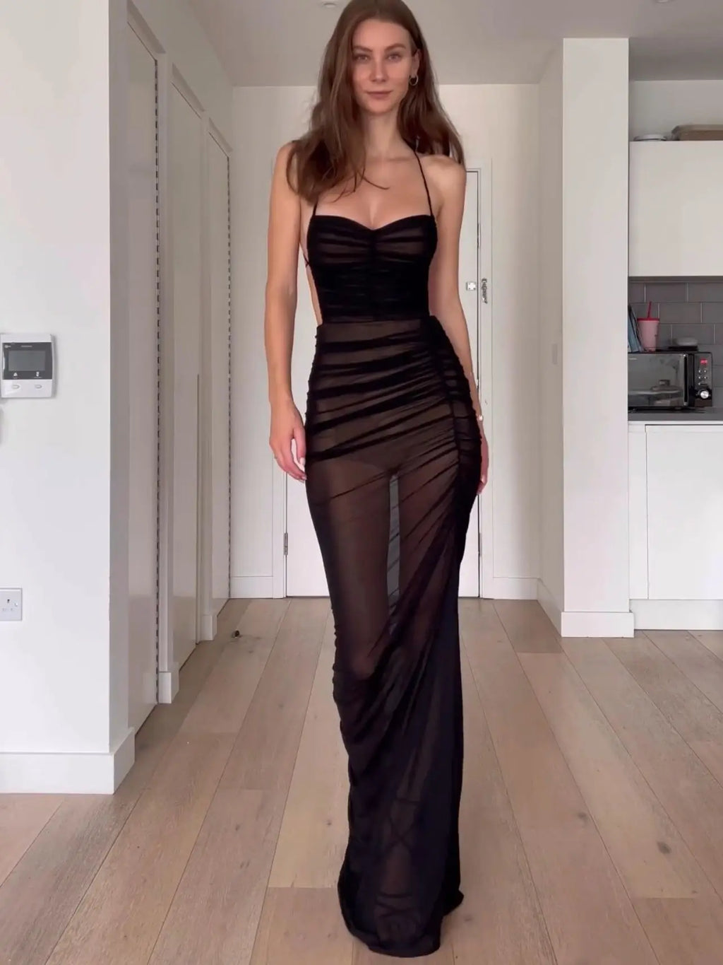 Sexy See-through Mesh Long Dress High Split Halter Pleated Maxi Dresses Prom Party Vestidos Women Backless Outfit Beach Sundress