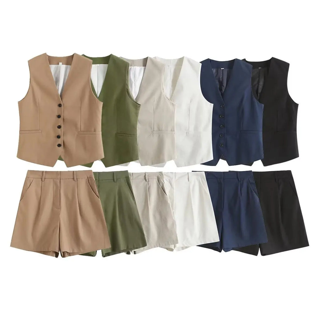 Retro Linen Office Lady Women Suits V Neck Vest Blazer Commuter Wide Leg Shorts Fashion 2024 Summer Vintage 2 Piece work clothes