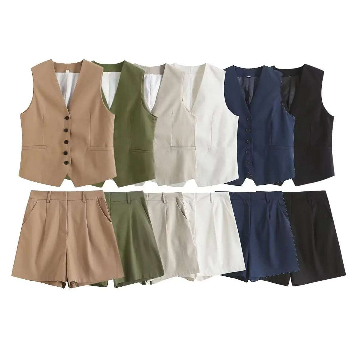 Retro Linen Office Lady Women Suits V Neck Vest Blazer Commuter Wide Leg Shorts Fashion 2024 Summer Vintage 2 Piece work clothes