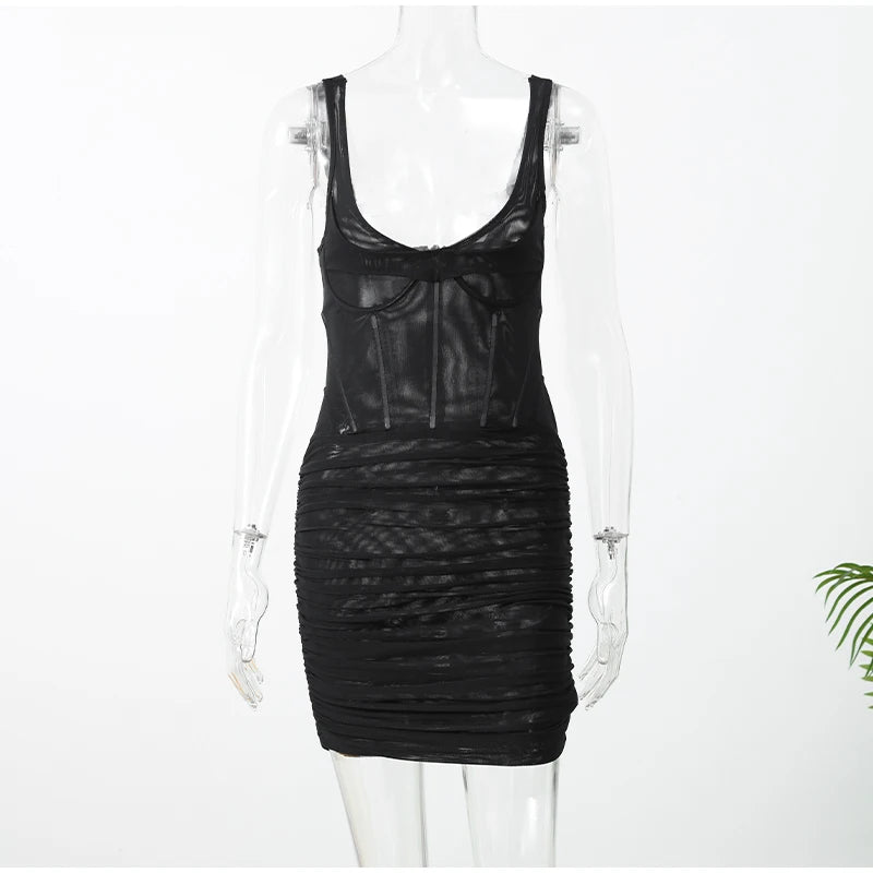 Fashion Slim Fishbone Dress Women Elegant Solid V-neck Sleeveless Pleated Bodycon Mini Dresses 2026 Summer Lady Party Gown