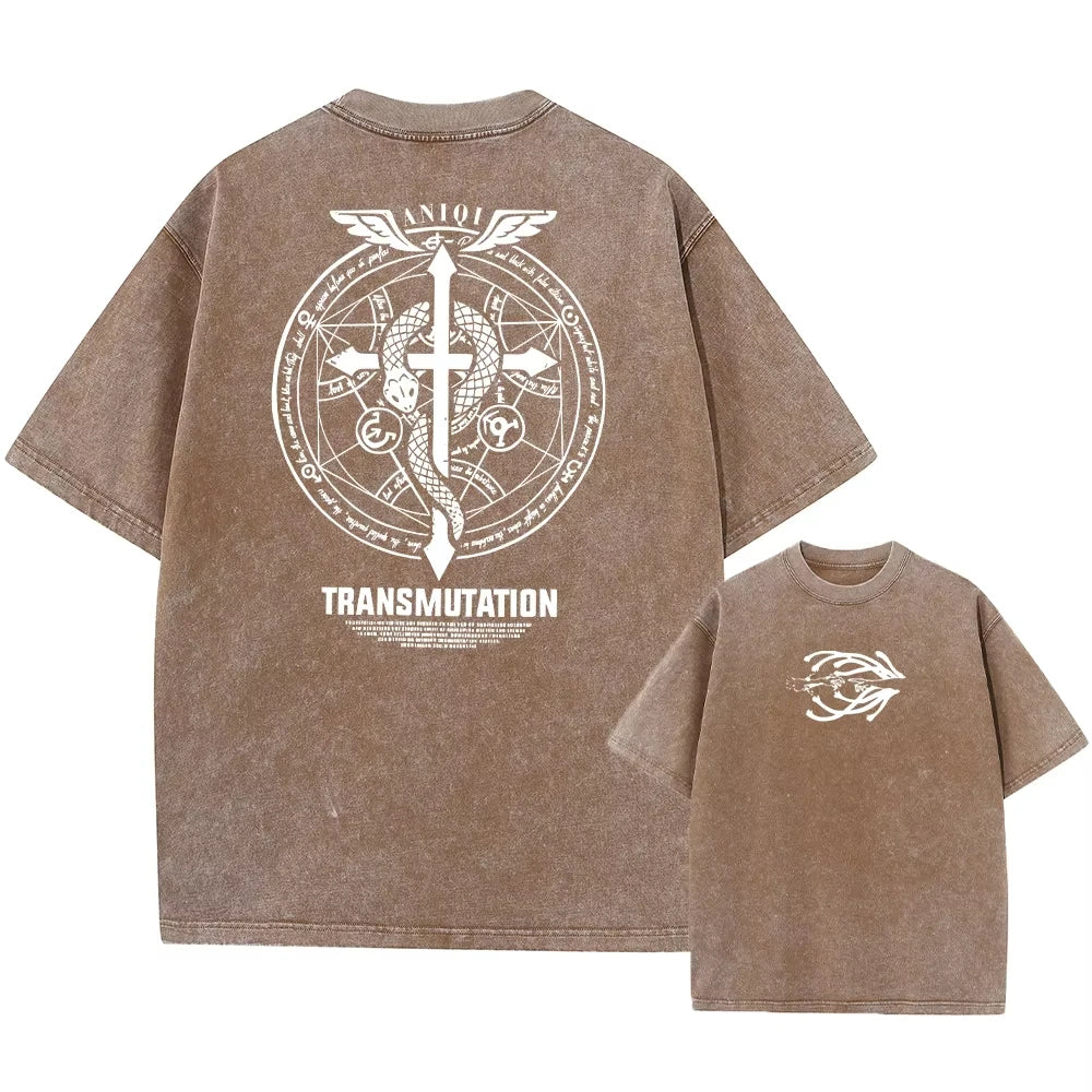 Anime Fullmetal Alchemist Acid Tshirt Men Printed Retro Harajuku Style Fashion Streetwear Performance Short Sleeve Top Unisex