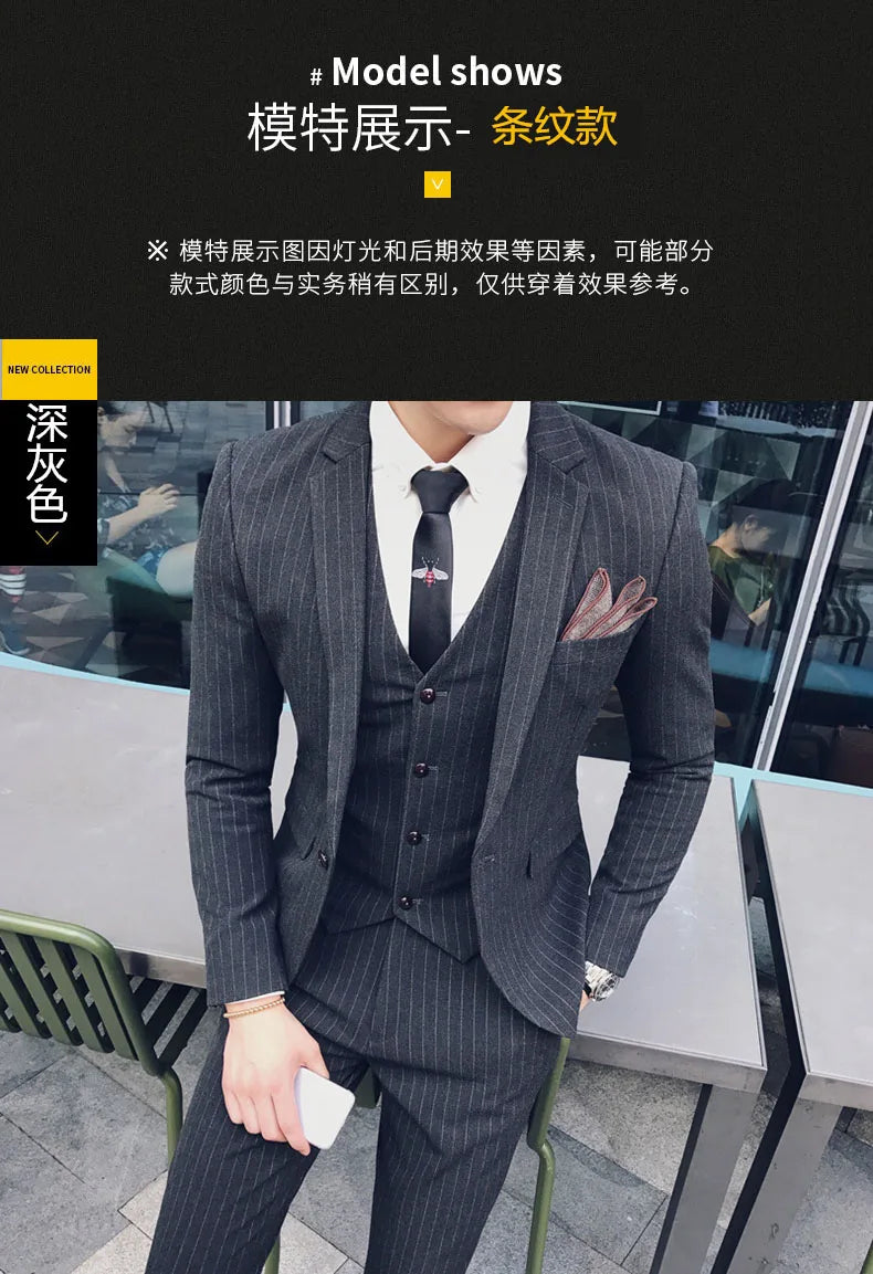 S-7XL ( Blazer + Vest + Pants ) Striped Plaid Solid Color Mens Formal Business Suit 3Pcs Set Groom Wedding Social Show Dress
