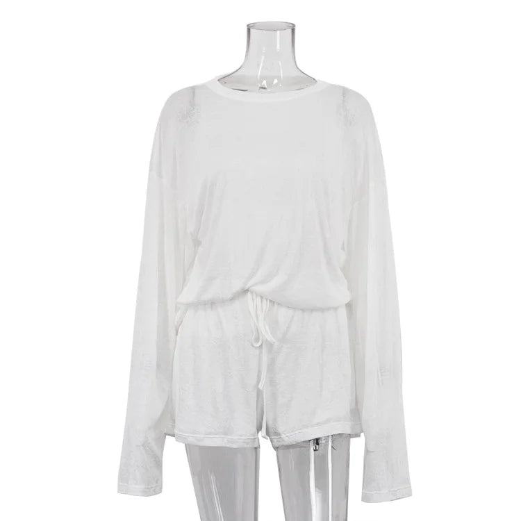 Tossy Casual White 2 Piece Set Women Summer Lounge Wear Loose Long Sleeve Pullover Top And High Waist Shorts Beach Outfits 2026