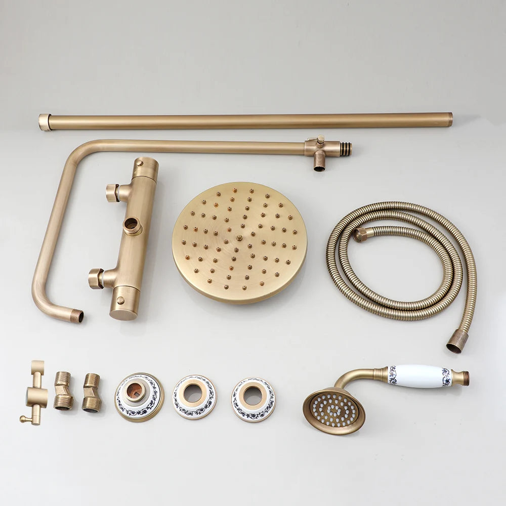 JIENI Bathroom Thermostatic Shower Faucet Set Antique Brass Wall Mounted Rainfall Shower Head W/ Single Handle Control Mixer Tap