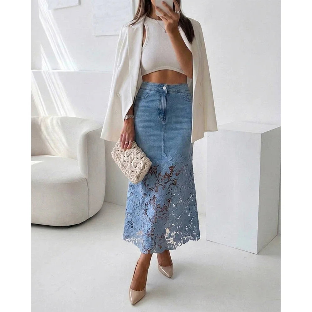 Women Light Wash Denim Midi Skirt High Waist Floral Hollow Lace Patchwork Split Hem A Line Long Jean Skirt Summer Casual