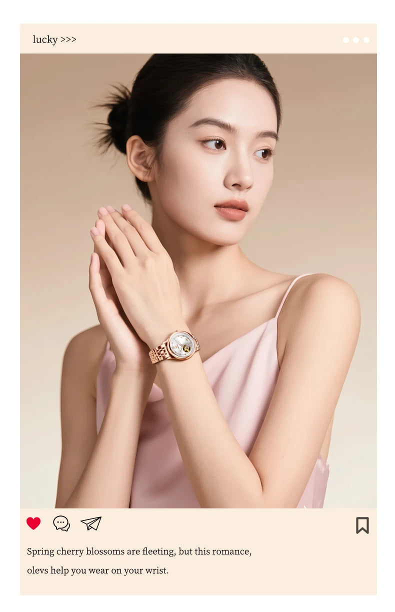 OLEVS 6732 Women's Watches Elegant Rose Gold Stainless Steel Hollowed Diamond Dial Automatic Mechancial Watch Gift Box for Women