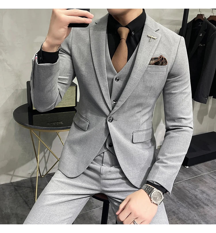 Blazer Vest Pants Men's Navy Blue Suit Set Slim Fit Blazer Vest Pants Formal Outfit for Business Wedding Office Groom Party