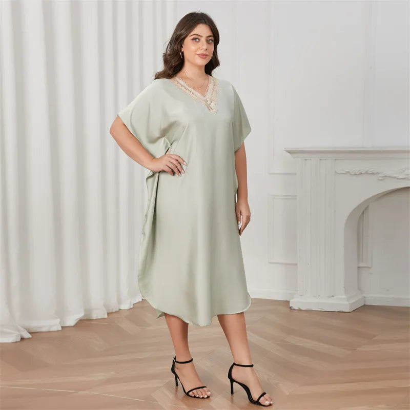 Sexy Lace V Neck Nightdress Women Night Dress Summer Short Sleeve Satin Sleepwear Loose Silky Long Nightgowns Overized