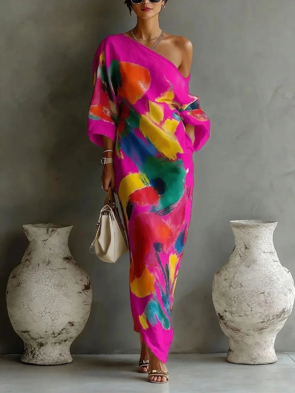 Abstract Brush Print One Shoulder Maxi Dress 3/4 Sleeve Loose Fit Casual Kaftan with Pockets, Bohemian Art Print Dress for Women