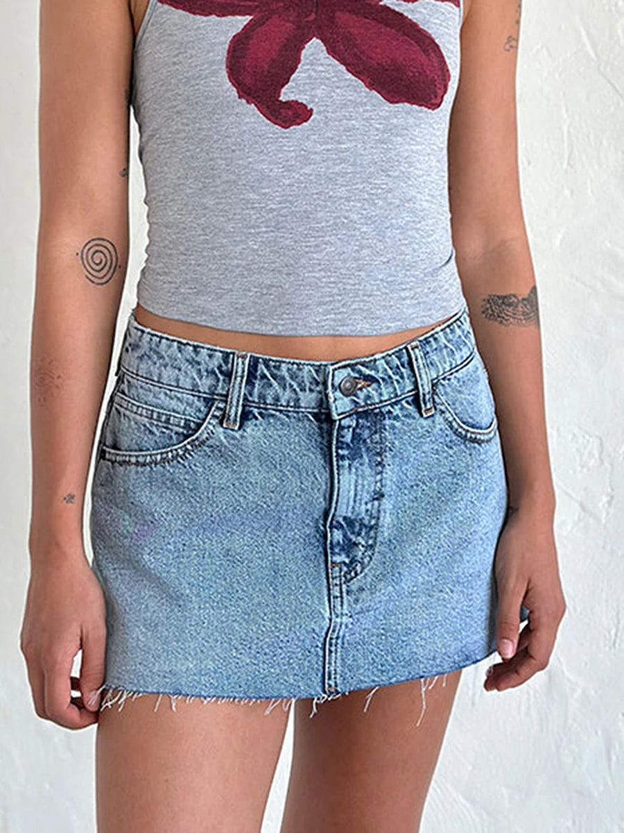 New Womens Denim Mini Skirts Low Waist Raw Hem Casual Fashion Jean Skirts For Summer Club Street Style S-2XL