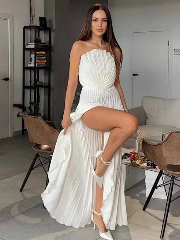 Elegant Solid Pleated Off Shoulder Long Dresses for Women Chic Sleeveless Backless Female Maxi Dress Summer New Beach Party Robe