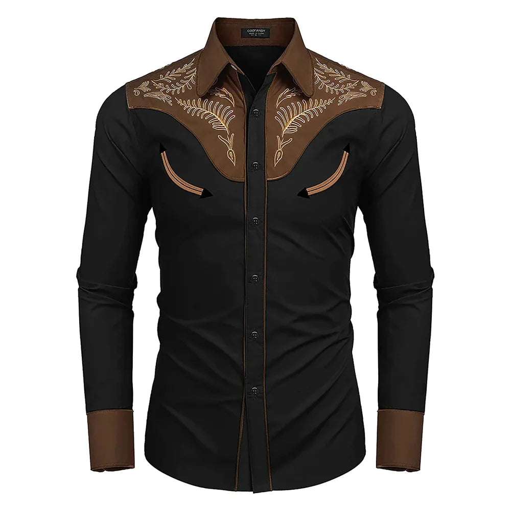 2023 New Men's Western Printed Long-Sleeved Lapel Single-Breasted Shirt Casual Social Men's Club Street Clothing