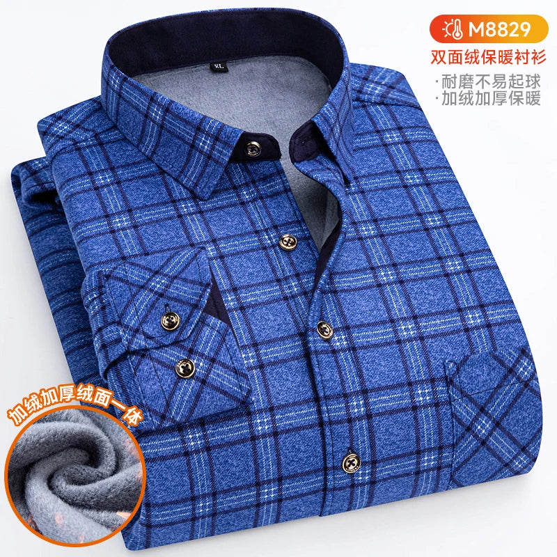 Winter Warm Shirts For Men Regular Fit Thicker Velvet Top Blouse Asia Plus Size Big Plaid Casual Clothing Long Sleeves Shirts