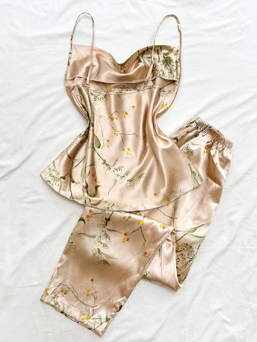 Autumn Women Satin Pajama Set Cherry Floral Print Cami Top and Shorts Sleepwear Versatile Outfit Elegant Comfortable  Loungewear