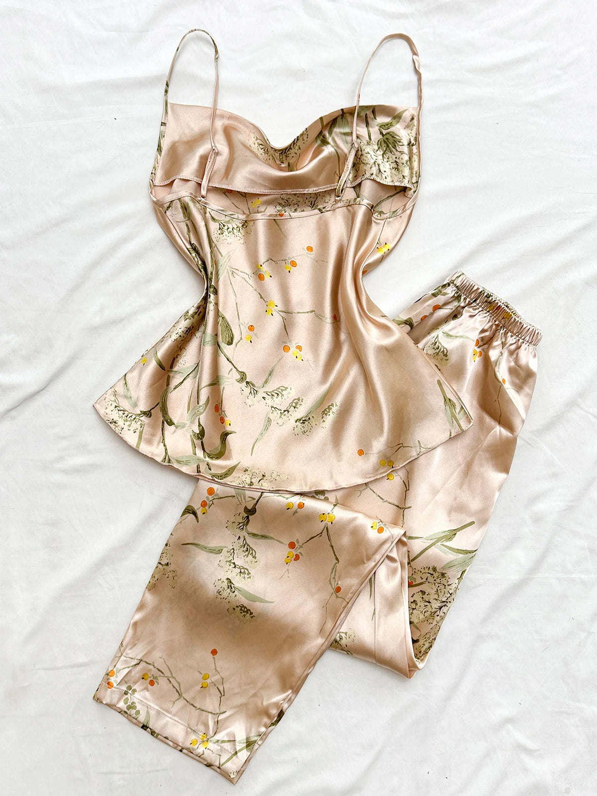 Autumn Women Satin Pajama Set Cherry Floral Print Cami Top and Shorts Sleepwear Versatile Outfit Elegant Comfortable  Loungewear