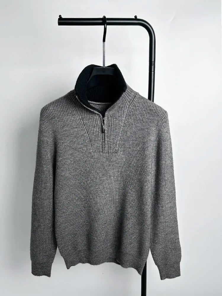 Autumn and Winter Men's Half High Neck Zipper Knitted Sweater Korean Version FashionCasualSolidColor Pullover Thickened and Warm