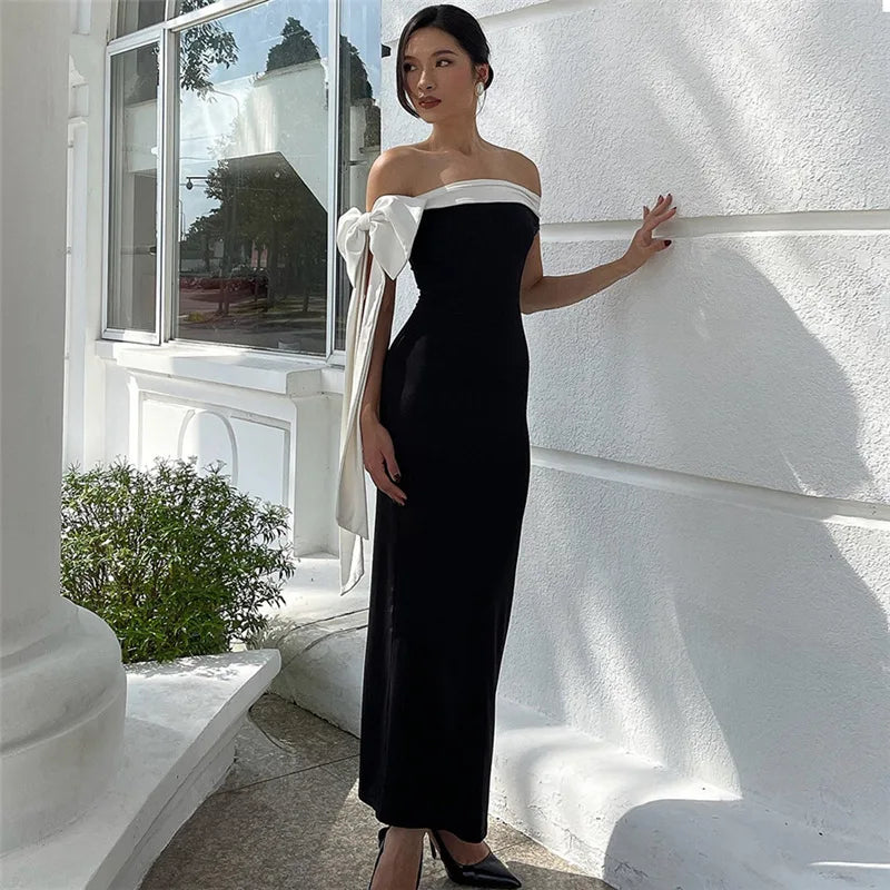 Tuularose Summer Bandage Long Dress Women's Elegant One Shoulder Bow Tie Slim Evening Dress Sexy Patchwork Party Dress Y2k 2025
