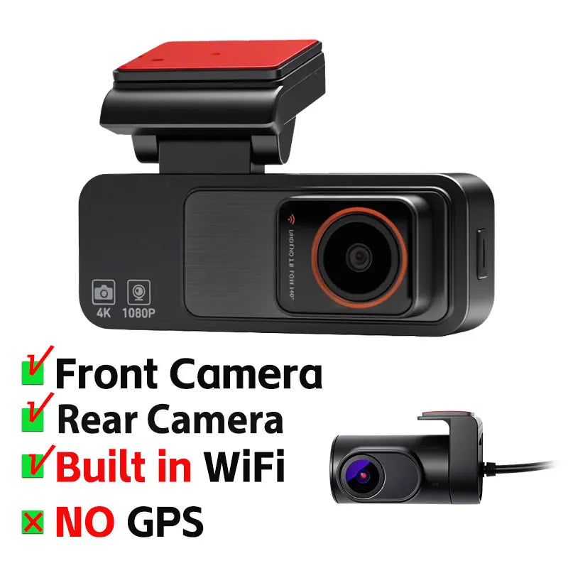 Dash Cam Dual Lens 4K UHD Recording Car DVR GPS WDR Night Vision Video Recorder Wi-Fi Room Black Box 1080P Rear View Camera