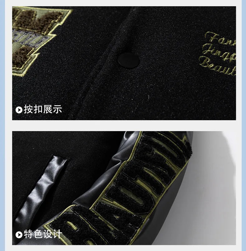 Vintage Letter Embroidered Baseball Jacket Cotton Coat Men's Winter Leather Sleeve Patchwork Woolen Thicken Overcoat