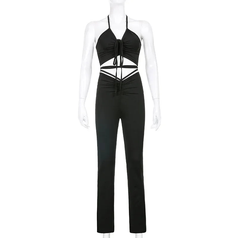 Solid 2 Piece Sets Womens Outfits Neck-mounted Halter Top Low Waist Long Pants Set Conjuntos Feminino Elegante Ensemble Femme