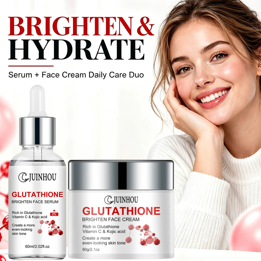 JUINHOU Glutathione Brightening Serum Cream Set Antioxidant Facial Skincare Hydrate Even Skin Tone Restore Radiant Complexion