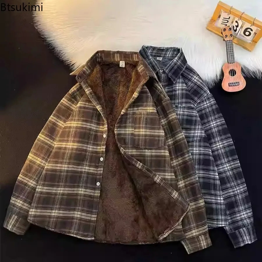 New 2026 Autumn and Winter Plus Velvet Thick Warm Plaid Shirt Men's Long Sleeved Japanese Retro Trend Loose Casual Shirt Jacket