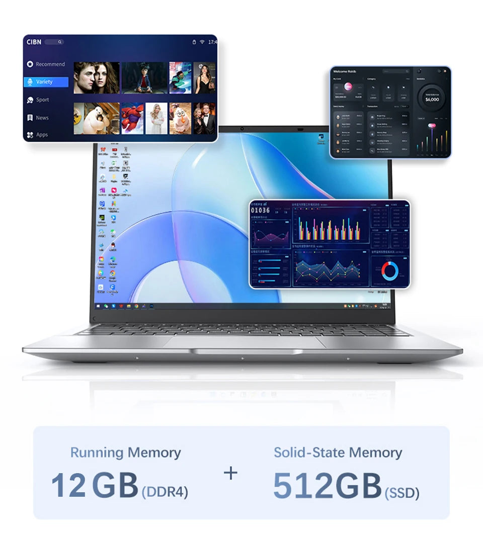 14.1" Ultra Slim Windows 11 Pro Laptop Computer intel Atom A3950 12GB RAM 1TB 2TB SSD Notebook PC 1080P HD Office Study Laptops