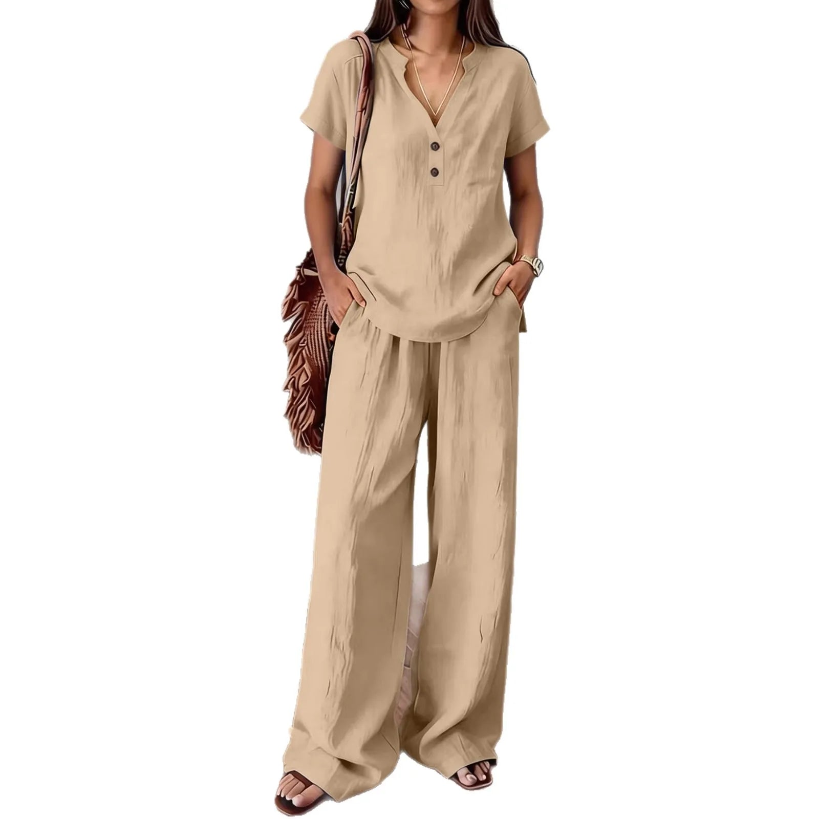 Solid Color Casual Loose Pants Sets For Women 2026 Elegant Summer Women's Two Pieces Suit Full Trouser Set Female Outfit Clothes