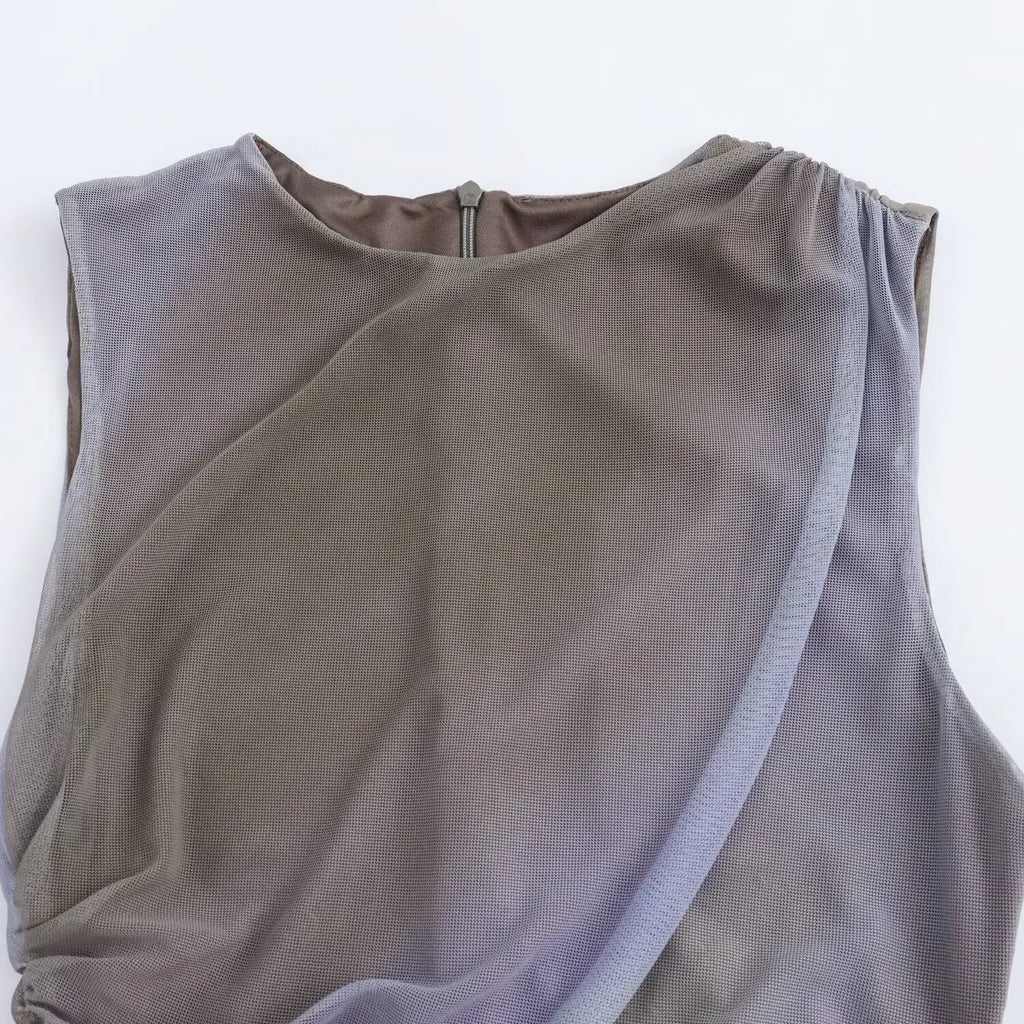 BSAY Women Fashion Summer New White Pleated Back Zip Sleeveless Crewneck Vest Long Dress Chic Female Elegant Evening