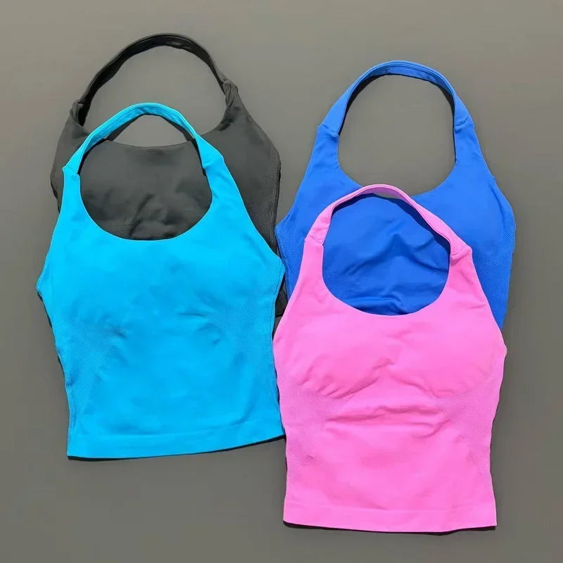 HISTELLO Sports Halter Top Seamless Women Sexy Yoga Clothing Backless Gym Tank Tops Push Up Workout Vest Running Fitness Bra Top