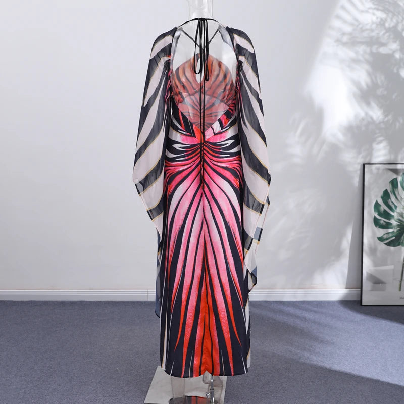 Printed Batwing Sleeve Halter Party Dress Women's Sexy Backless Full Sleeved Maxi Dresses 2026 Autumn Lady Evening Gown