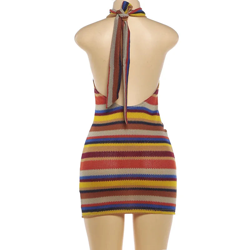 Cryptographic Striped Knit Halter Mini Dress Colorful Contrast Sleeveless Backless Summer Casual Clubwear Bodycon Short Dresses