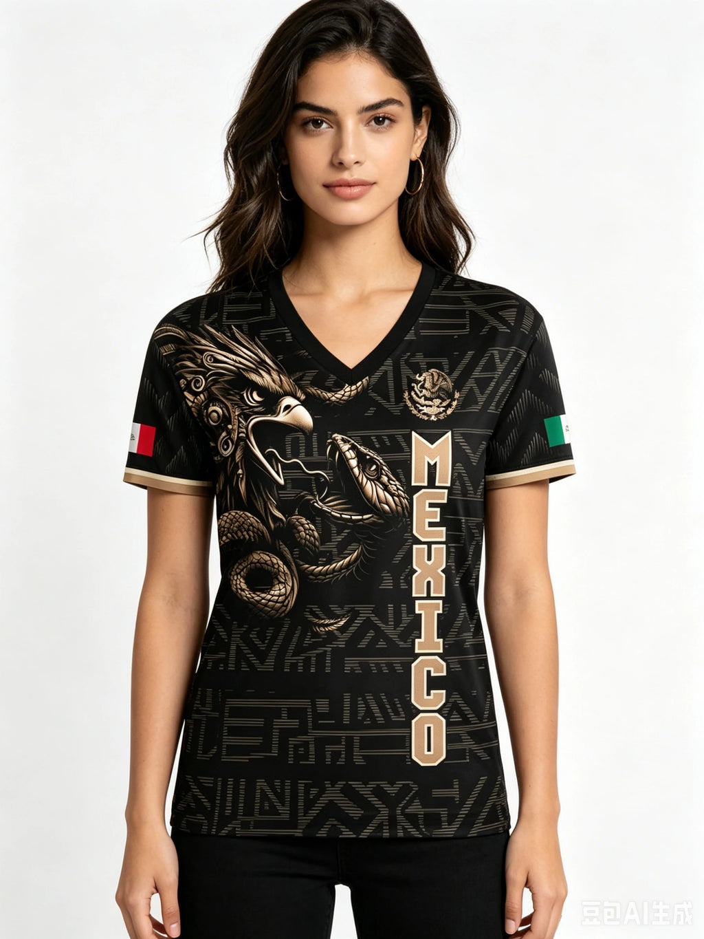 Mexico National Flag 3D Eagle Print Women's T-Shirts Casual V-neck Short Sleeve Tees Fashion Football Fan Summer Female Clothing