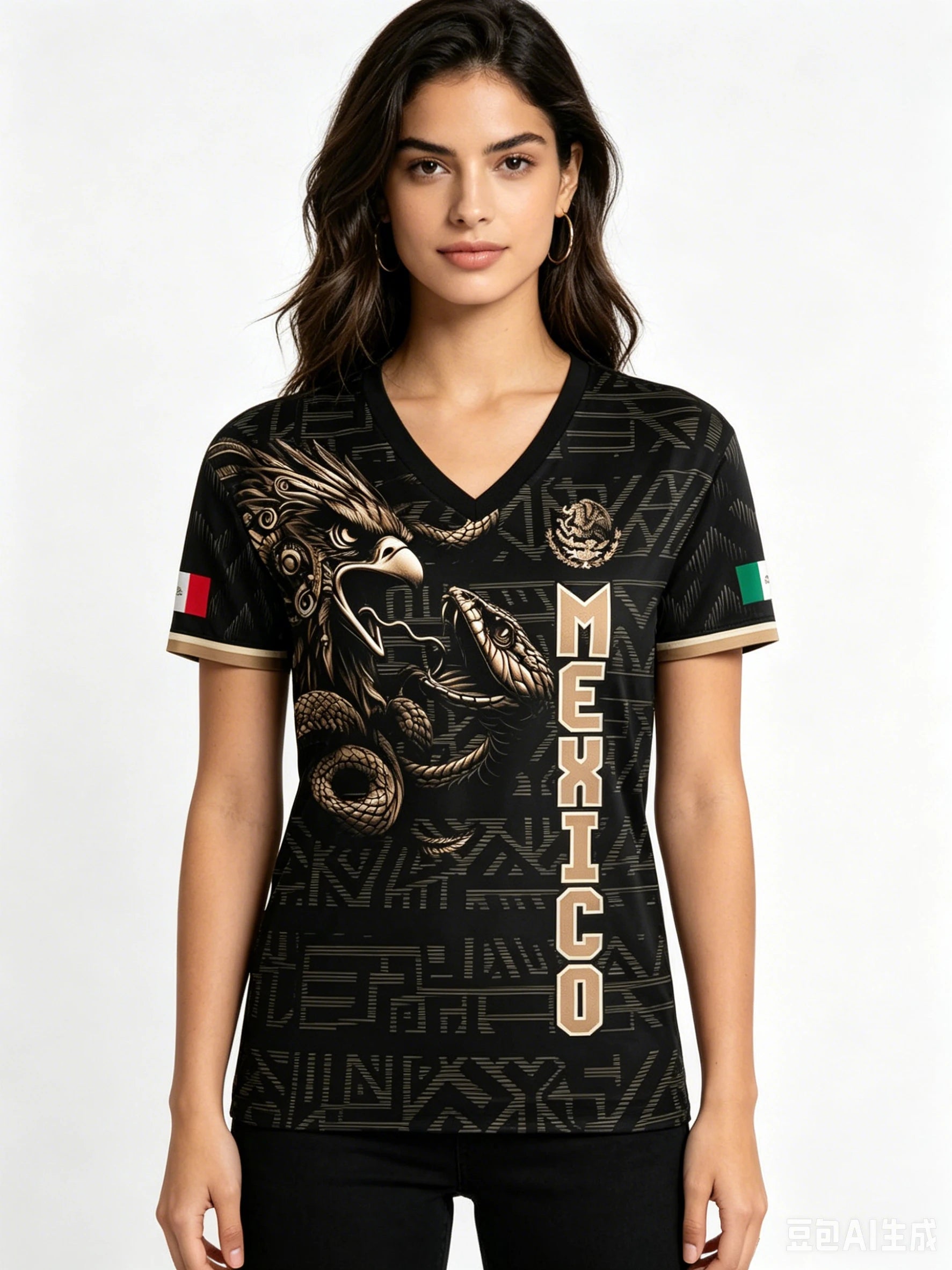 Mexico National Flag 3D Eagle Print Women's T-Shirts Casual V-neck Short Sleeve Tees Fashion Football Fan Summer Female Clothing