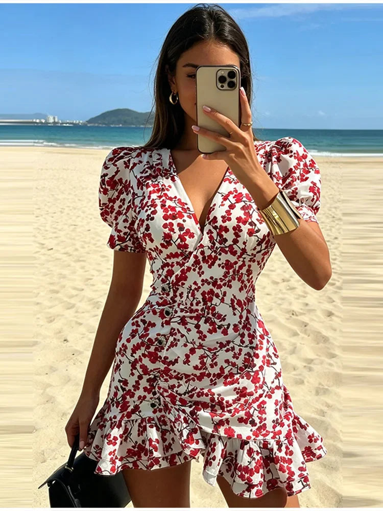 Floral Printed Wrap Mini Dress Ladies V Neck Bubble Sleeve Side Ruched Detail Tiered Ruffle Hem  Vacation Cocktail Party Outfit