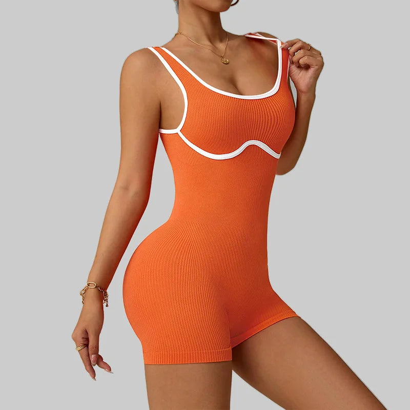 Seamless Ribbed Yoga Set for Running Dancing Fitness Color Blocked Jumpsuit