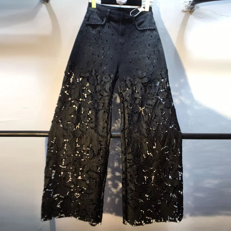 European 2025 Hollow Lace Jeans Women Summer New Black Lace Denim Pants Heavy Industry Beads Hot Diamond Denim Splicing Crochet