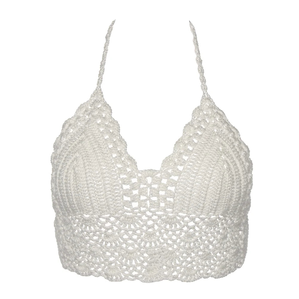Women Summer Sexy Bikini Crochet Crop Top Boho Beach Camisoles Knit Bralette Bra Halter Neck Vest Holiday Beachwear