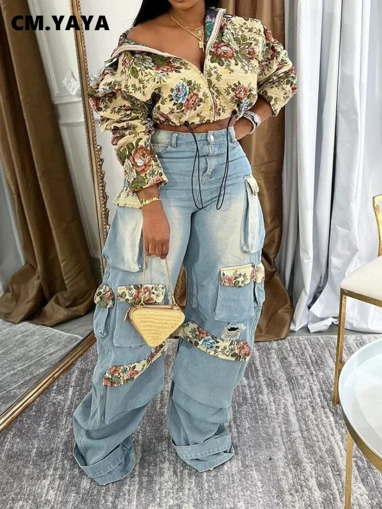 Washed Jeans Women's Set Full Sleeve Floral Jacket and Pockets Cargo Jeans Pants Suit 2025 Street Two 2 Piece Set Outfit
