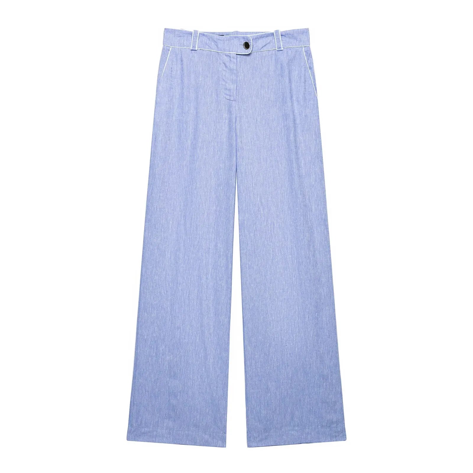 Women's High-Waist Pants Set Two Piece New 2026 Summer V-Neck Blouse with Piping and Straight Leg Pants Chic Female Outfit