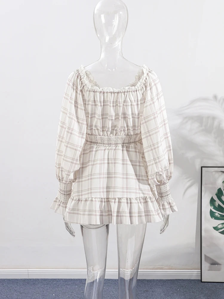 Slash Neck Lace Up Hollow Out Mini Print Dress Women Sexy Lantern Full Sleeve Backless Evening Dresses Hot Girl Summer Partywear