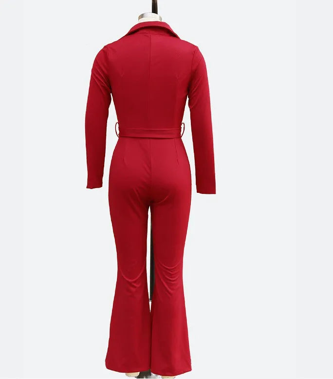 Knit Jumpsuit Button Front V Neck Romper High Waist Flared Long Jumpsuit Self Tie Belt Slim Fit Wide Leg Jumpsuit Solid Color