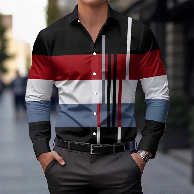 Men's color-blocked striped patchwork long-sleeved shirt, unique geometric pattern slim fit shirt, stylish men's top, XS-6XL.