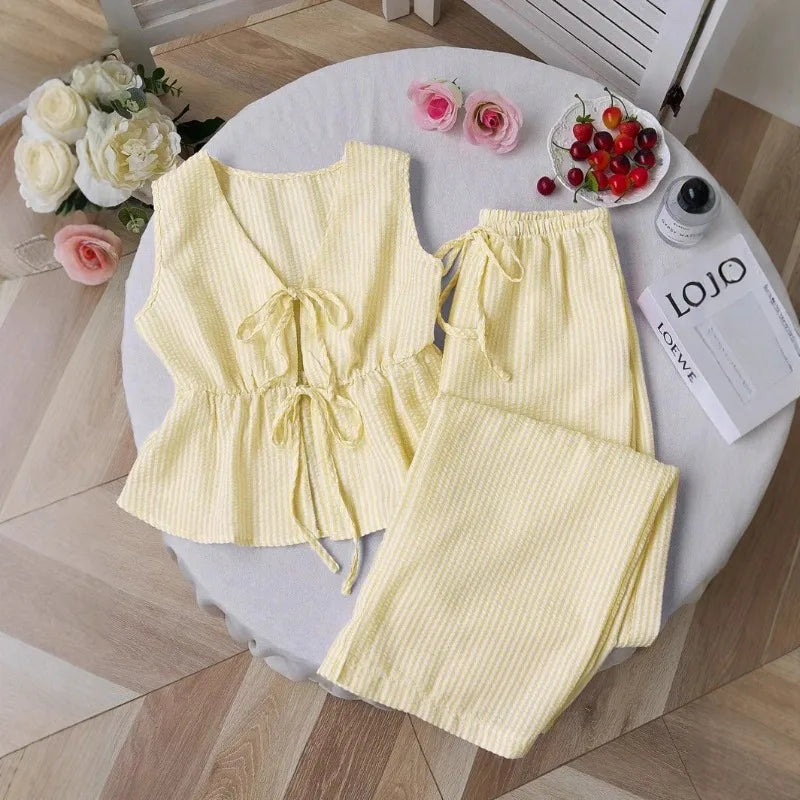 Summer Solid Color Tie Pants Set Stripe Casual Sweet Versatile Loose Comfortable Vacation Daily Two Piece Set