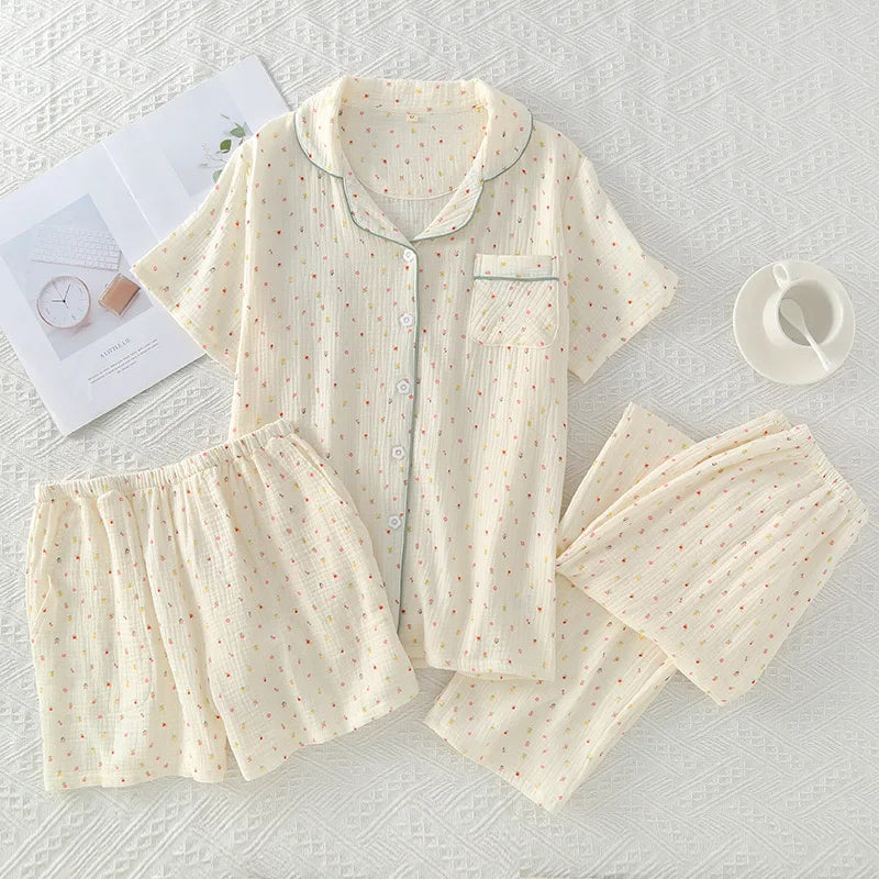 Summer Women Pajamas 3 Pieces Set 100% Gauze Cotton Female Sleepwear Bedroom Set Short sleeved long pants + shorts Woman PJs