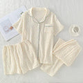 Summer Women Pajamas 3 Pieces Set 100% Gauze Cotton Female Sleepwear Bedroom Set Short sleeved long pants + shorts Woman PJs